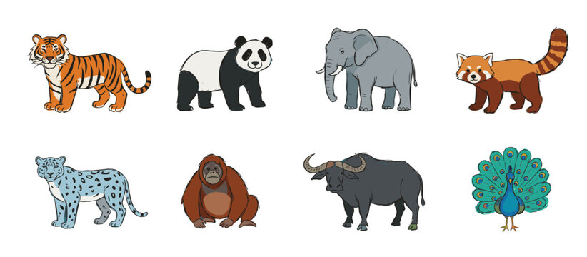A collection of eight distinct cartoon-style wild animals, including a tiger, panda, elephant, red panda, snow leopard, orangutan, buffalo, and peacock.