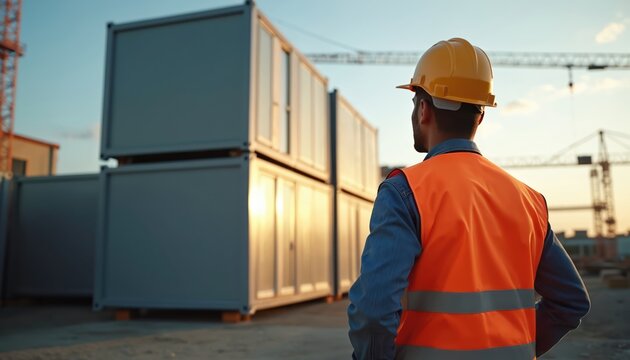 Construction worker in hard hat and safety vest looks at stacked modular units on building site. Cranes are visible in background during sunset. This image shows industrial development and progress.