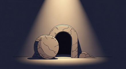 Ancient stone tomb entrance with large rolled boulder in front spotlight shining down mysterious and eerie atmosphere dark background © Mmeladi