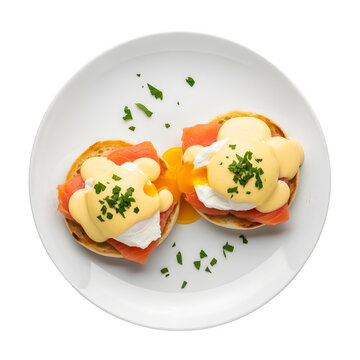 Eggs Benedict with smoked salmon and hollandaise sauce on toasted English muffins, garnished with parsley, top view breakfast plate, isolated on white or transparent background, PNG Format.