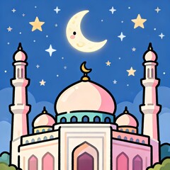 Serene mosque illustration with crescent moon and stars at night