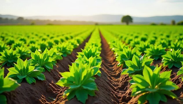 A farm field with rows of chayote plants sprawling under bright sunlight 