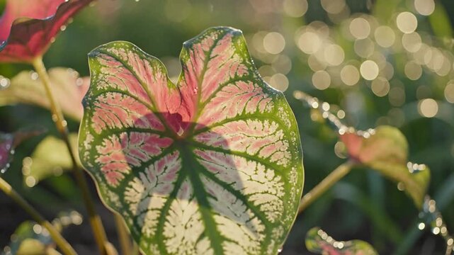 Close up view of colorful caladium leaves in a garden with raindrops and blurred background