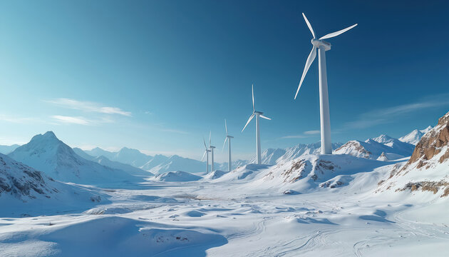 Wind turbines operate in a cold, snowy mountain landscape under a clear blue sky. The clean energy farm uses natural wind power for electricity generation in a remote, serene winter setting.