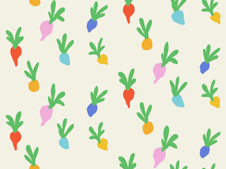 Seamless vector pattern featuring small colorful radish roots with green leaves arranged in repeating layout on a light background.