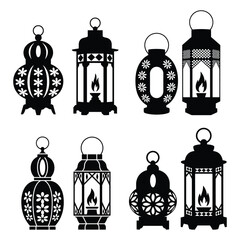 Collection of eight black silhouette arabic lanterns