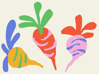 Hand drawn vector illustration set of colorful radish roots with green leaves in playful kidlit style, arranged as isolated vegetable elements on a neutral background.