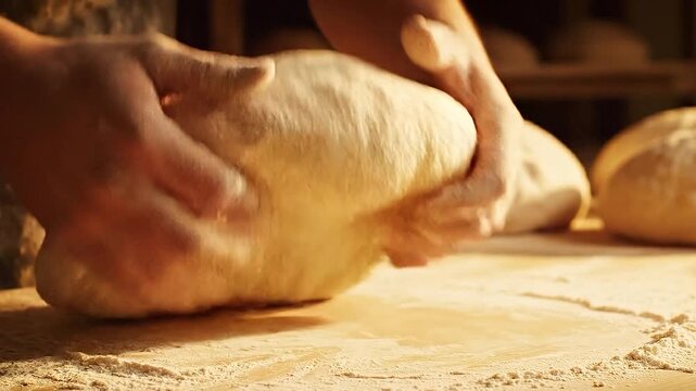 Baker&rsquo;s hands kneading soft sourdough dough in a warm-lit kitchen.
