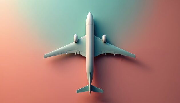 Top view of a sleek white passenger jet plane on a gradient background of coral and teal. The aircraft is centered with its wings spread wide. Modern airplane ready for flight.