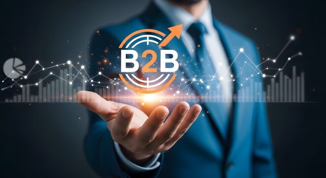 B2b business growth concept with professional holding digital network