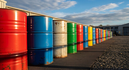 Row of Colorful Industrial Metal Barrels and Oil Drums in a Warehouse Yard Under a Blue Sky
