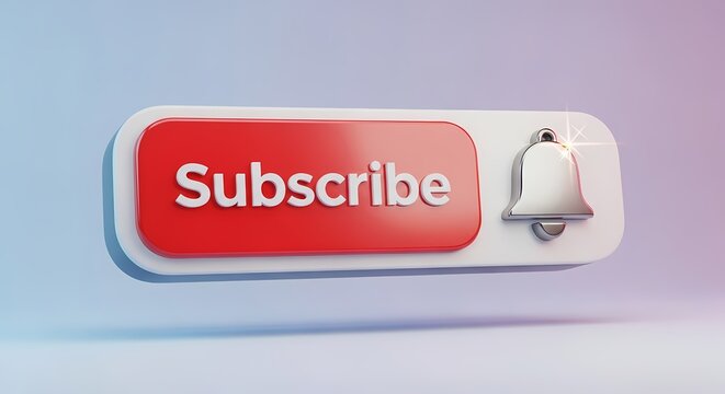 Glossy 3D red subscribe button with silver notification bell on a white plate with soft studio lighting