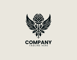 Fototapeta premium Elegant winged rose flower black vector logo illustration
