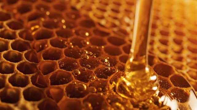 Golden manuka honey drizzling slowly over a detailed honeycomb.