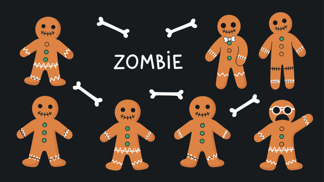 Zombie gingerbread men with stitches and white bones surround bold text on a dark background for a spooky treat theme.
