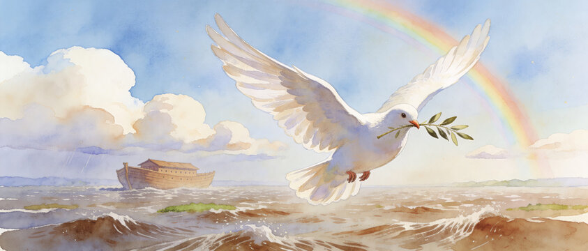 White dove flying with an olive branch over the ark on water beneath a rainbow. Religious artwork for Christian story or Bible concept.