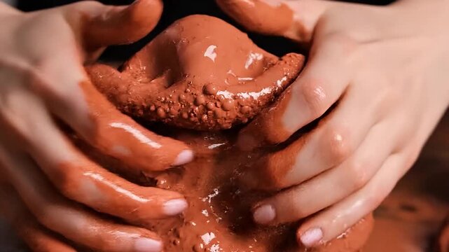 Close-up of hands squeezing wet terracotta clay with glistening water beads.