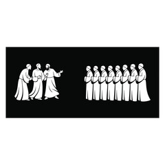 Three men talking to a line of eight men in robes group