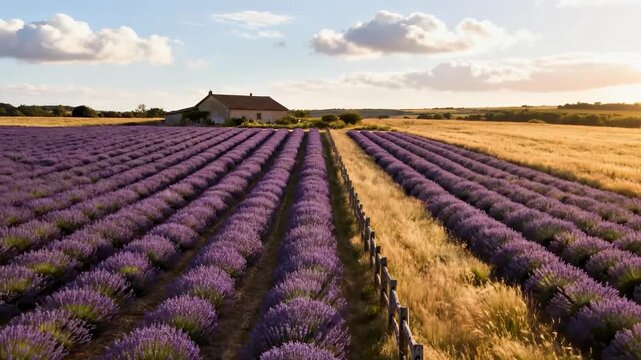 Beautiful lavender field at sunset with rows of purple flowers a rustic stone house wooden fence and golden light in the countryside