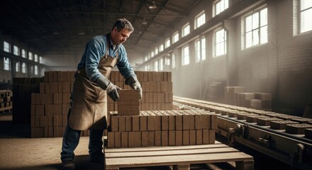 Fototapeta premium Worker stacking bricks in sunlit industrial brick factory.