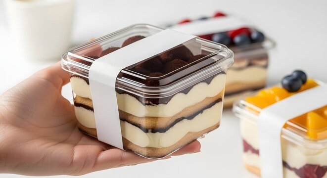 Hand holding a layered chocolate and cream dessert in a clear plastic container