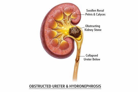 Cystitis kidney bladder stones medical render features complete ureteral obstruction causing hydronephrosis with swollen calyces and urine backup, nephrology pathology view