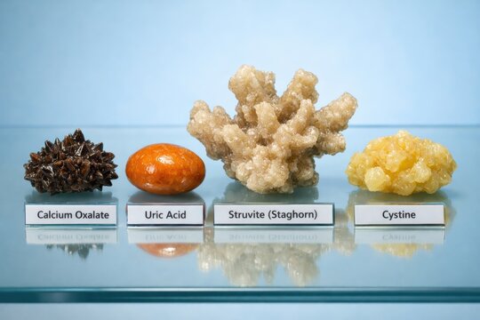 Cystitis kidney bladder stones 3D medical set displays calcium oxalate uric acid struvite staghorn and cystine calculi with distinct mineral textures, urology education render