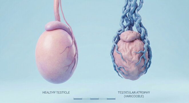Varicocele induced testicular atrophy illustration features side by side healthy and reduced size testicle with prominent pampiniform plexus dilation, clinical urology education