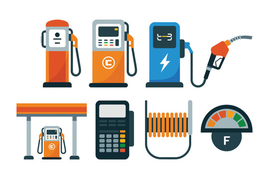 Gas Station Vector Illustration Featuring Fuel Pumps, Dispensers and Flat Style Design