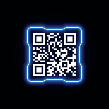 A QR code in a square neon blue glowing frame on a black background.