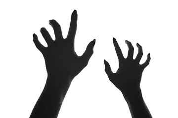 Obraz premium Creepy Monster Hands Silhouette with Sharp Claws Reaching Upwards Against a White Background for Horror, Halloween, and Spooky Concepts