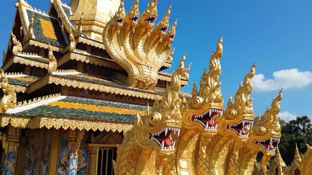 Golden mythical serpent statues adorn the ornate roof of a traditional temple.