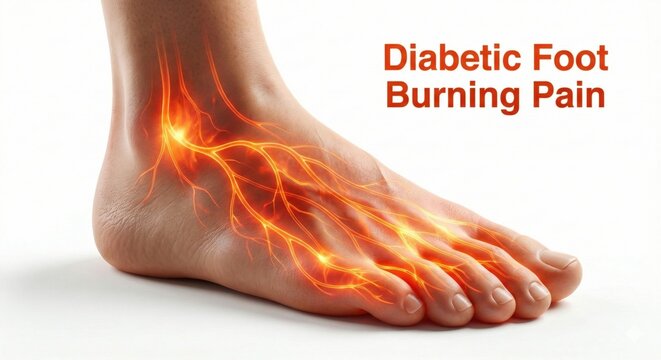 Diabetes Neuropathy conceptual medical render shows realistic foot with internal nerves glowing fiery orange red through skin, neuropathic pain visualization image