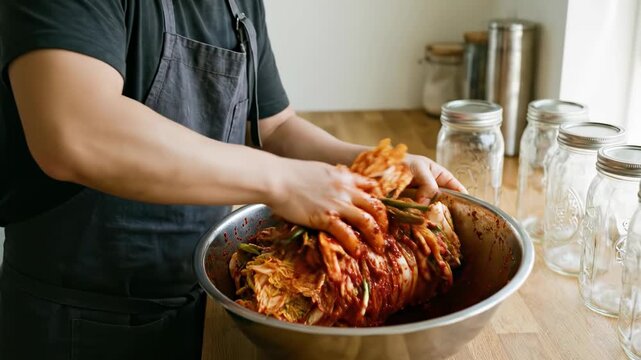 Young man in an apron mixing large batch of fresh kimchi in a metal bowl in a bright kitchen with empty glass jars lined up on the counter