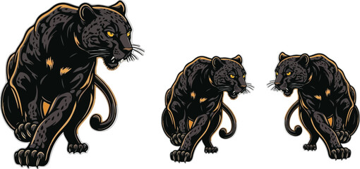 Group of fierce black panther predators with intense glowing yellow eyes depicted in a detailed vector illustration ready to strike against a dark backdrop representing untamed jungle power. © MuhammadAnns