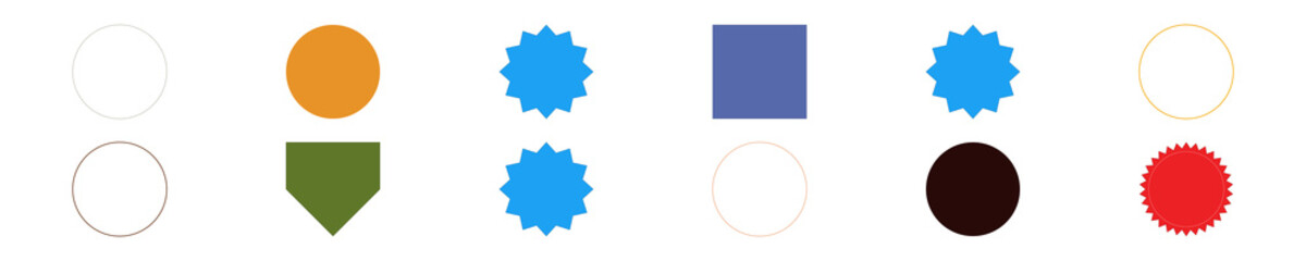 Colorful set of diverse geometric shapes, badges, and seals, perfect for modern graphic design elements and projects.