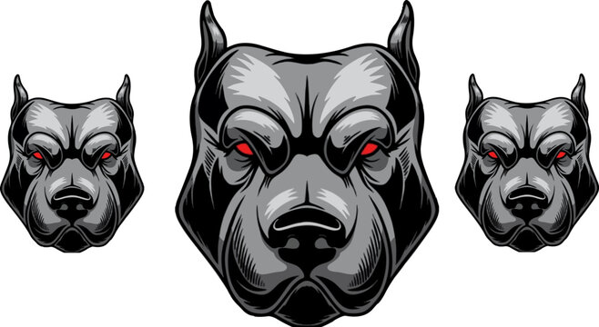 Fierce muscular pitbull dog head illustrations showcasing aggressive canine strength and intimidating loyalty rendered in stark black and grey tones with piercing red eyes suitable for sports mascots.