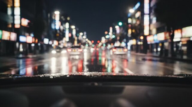 Cinematic driver perspective night travel scene inside vehicle road ahead glowing under strong headlights wet pavement reflecting city illumination passing vehicles generating moving light highlights 