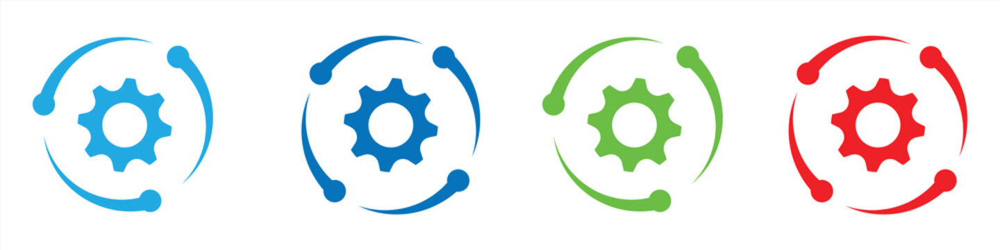 Four colorful gear icons surrounded by circular arrows representing rotation and process cycles. vector illustration