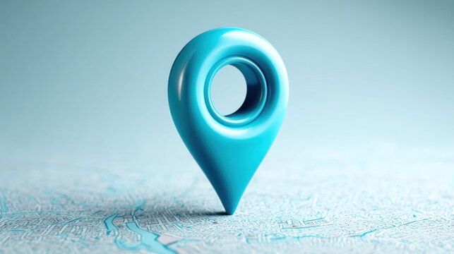 Shiny blue map pin marker standing on a detailed city map with soft background