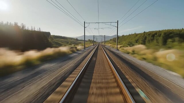 video from the front of a moving train, railway tracks stretching forward