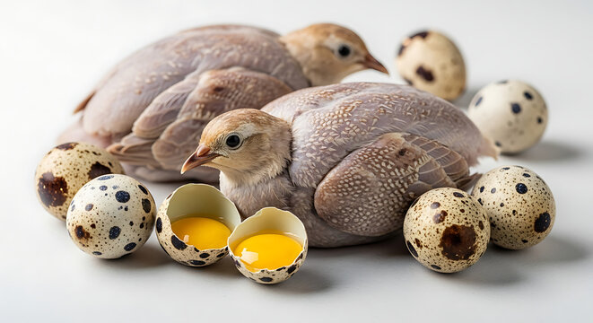 Two Small Quail Chicks Sitting with Speckled Quail Eggs and Open Shells with Yolks