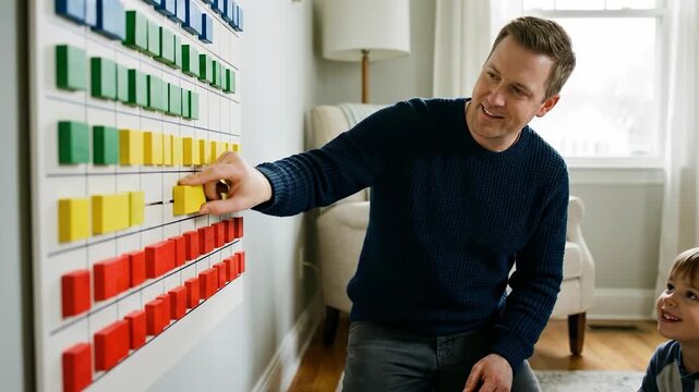 A father teaching his young son and daughter using a colorful wooden block wall chart in a bright living room