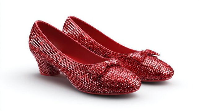 Sparkling ruby red high heels with bows, iconic footwear for fantasy and fashion