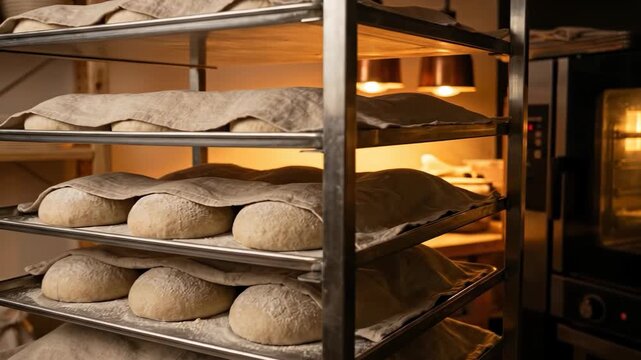 Raw dough loaves resting on metal racks in a bakery kitchen under warm light during the fermentation process
