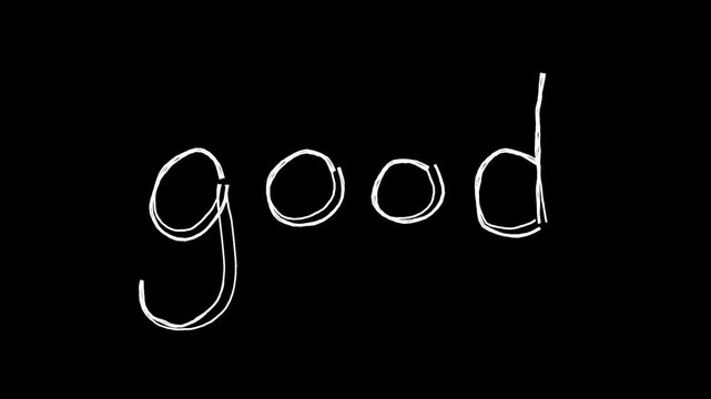 goodの文字の落書き線画イラスト。線が動く手描きのアイコン動画。ループする4Kアニメーション。黒背景に白いペンでフリーハンドで描いた絵のデコレーションスタンプ
