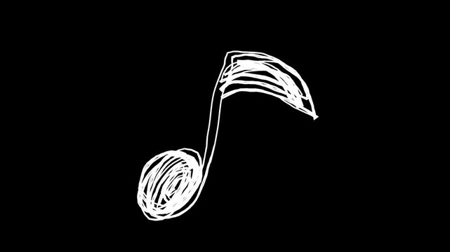 八分音符の落書き線画イラスト。線が動く手描きのアイコン動画。ループする4Kアニメーション。黒背景に白いペンでフリーハンドで描いた絵のデコレーションスタンプ