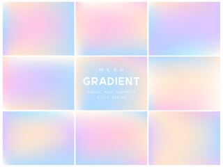 Fototapeta premium Sweet collection of marshmallow and candy inspired mesh gradients. Abstract pastel holographic backgrounds for confectionery, y2k aesthetic and dreamy dessert designs. Soft blurred textures.