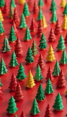 Fototapeta premium Rows of mini Christmas trees in red green and yellow stand on red surface. Trees have simple geometric shapes and some are decorated with gold dots. Festive holiday backdrop repeats.