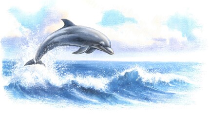 Fototapeta premium Graceful dolphin leaps from ocean waves vibrant watercolor illustration evokes playful marine beauty